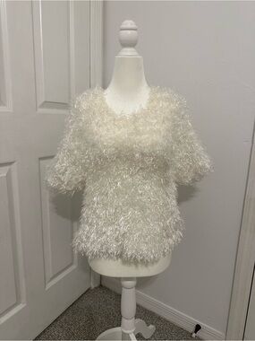 Side Effects Fuzzy White Short-Sleeve Sweater